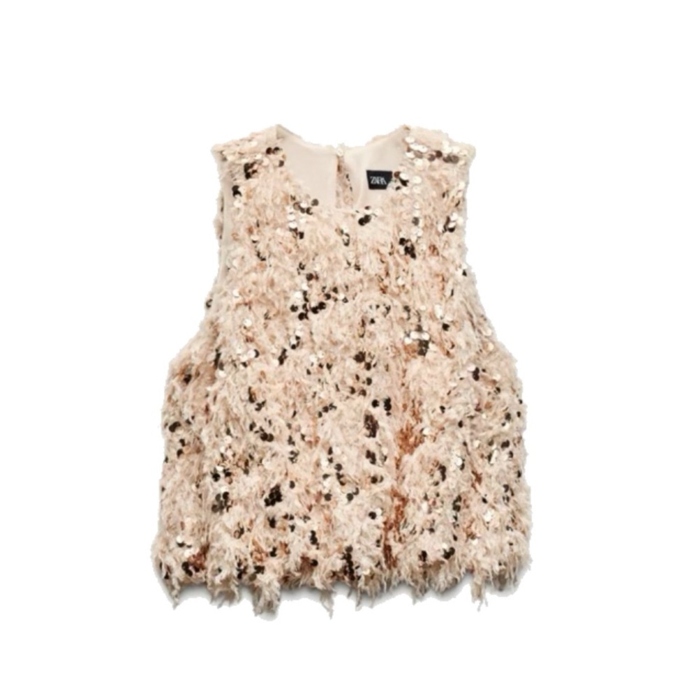 Zara Beige Sequin Feather Top